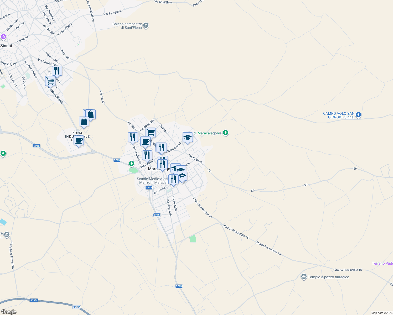 map of restaurants, bars, coffee shops, grocery stores, and more near 16 Via Minervini in Maracalagonis