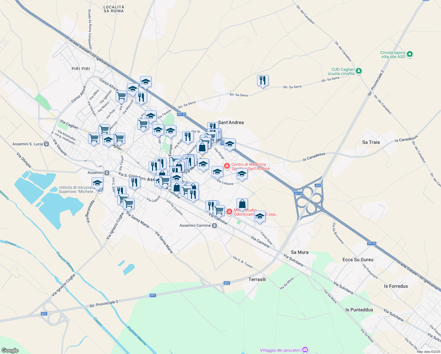 map of restaurants, bars, coffee shops, grocery stores, and more near 25 Via Oslo in Assemini