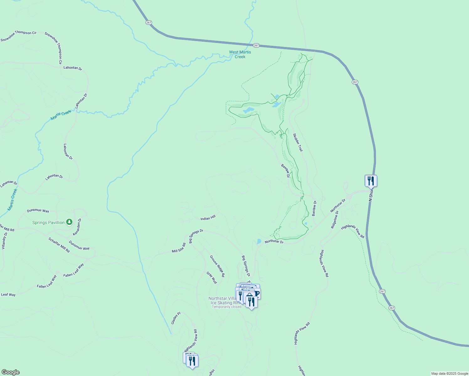 map of restaurants, bars, coffee shops, grocery stores, and more near 1102 Martis Landing in Truckee