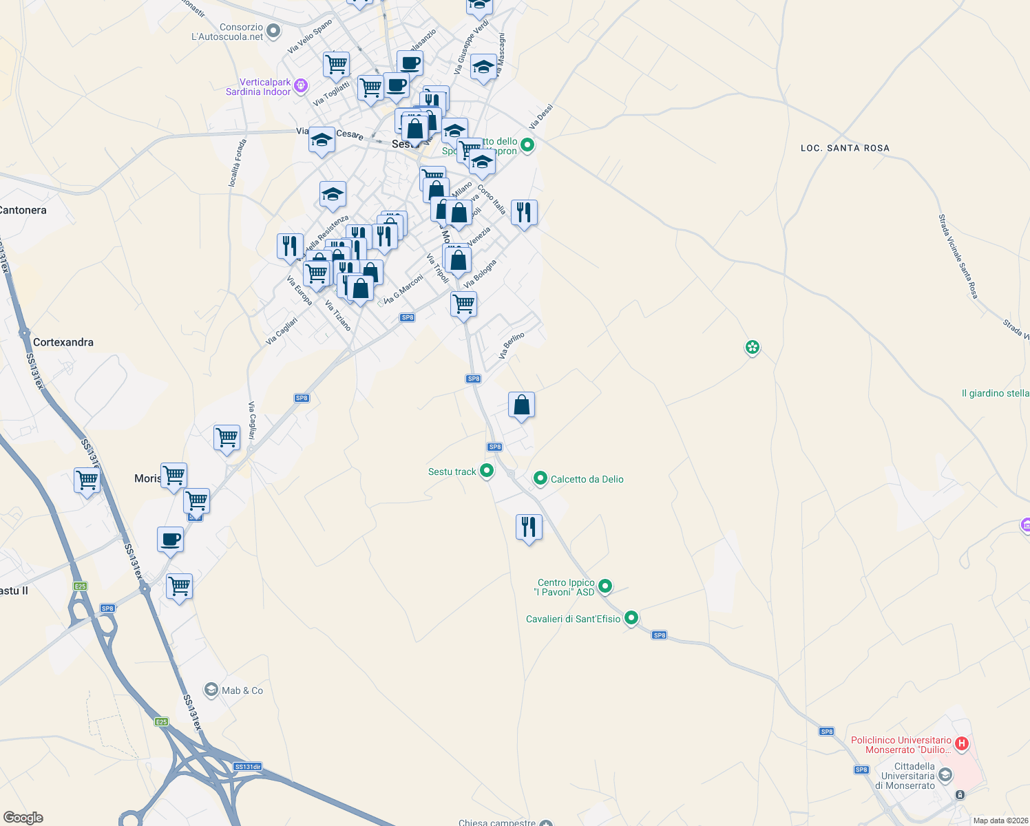 map of restaurants, bars, coffee shops, grocery stores, and more near 50 Via Atene in Sestu