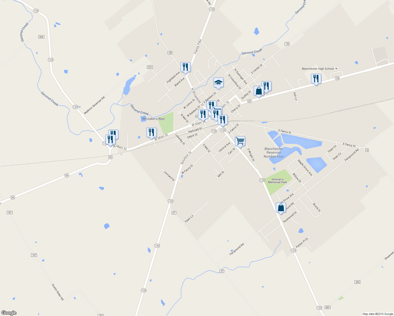 map of restaurants, bars, coffee shops, grocery stores, and more near 232 W Fancy St in Blanchester