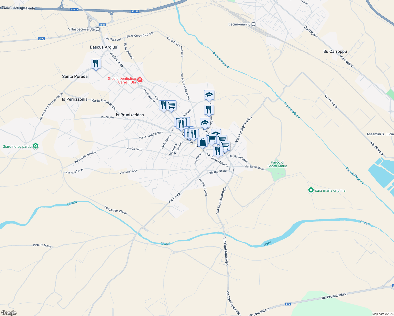 map of restaurants, bars, coffee shops, grocery stores, and more near 29A Via Nuova in Uta