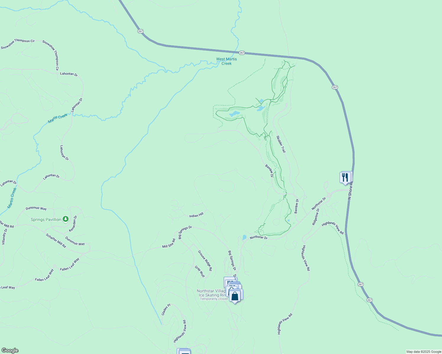 map of restaurants, bars, coffee shops, grocery stores, and more near 1102 Martis Landing in Truckee