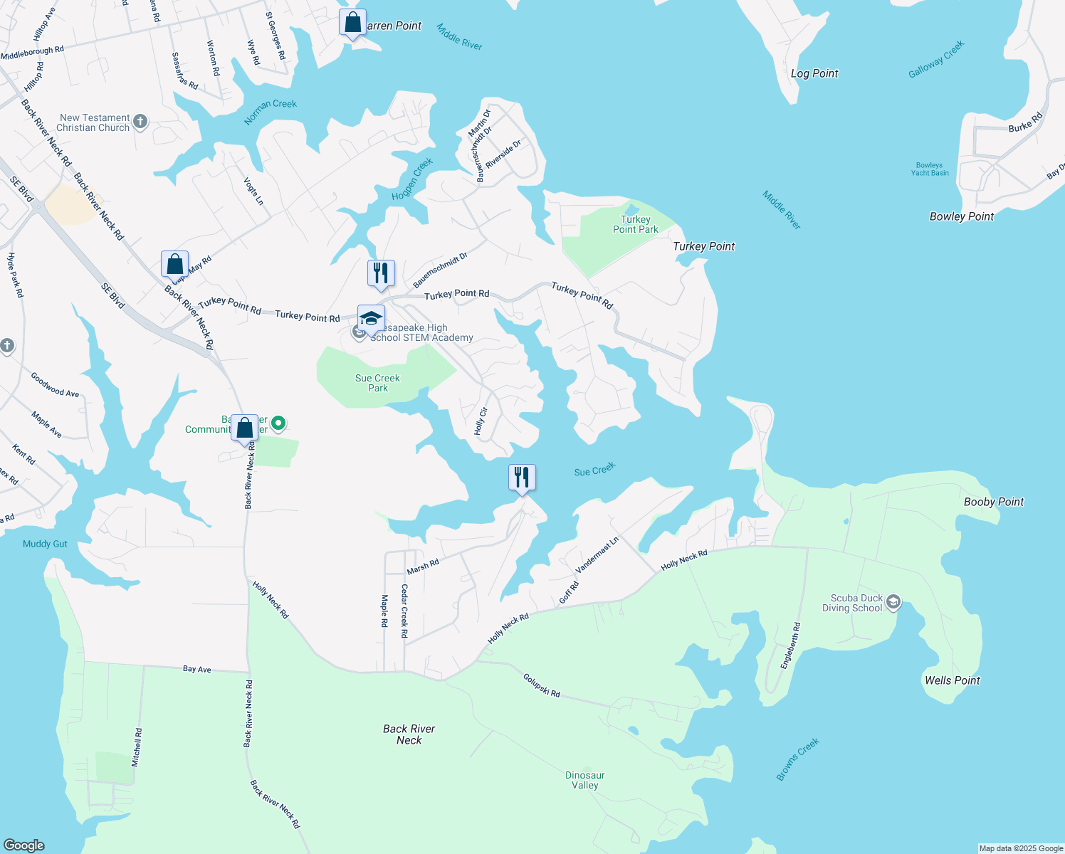 map of restaurants, bars, coffee shops, grocery stores, and more near 2032 Sue Creek Dr in Essex