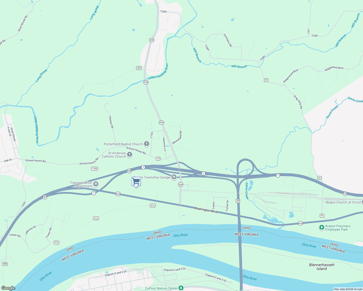map of restaurants, bars, coffee shops, grocery stores, and more near 110 Mooreland Road in Belpre