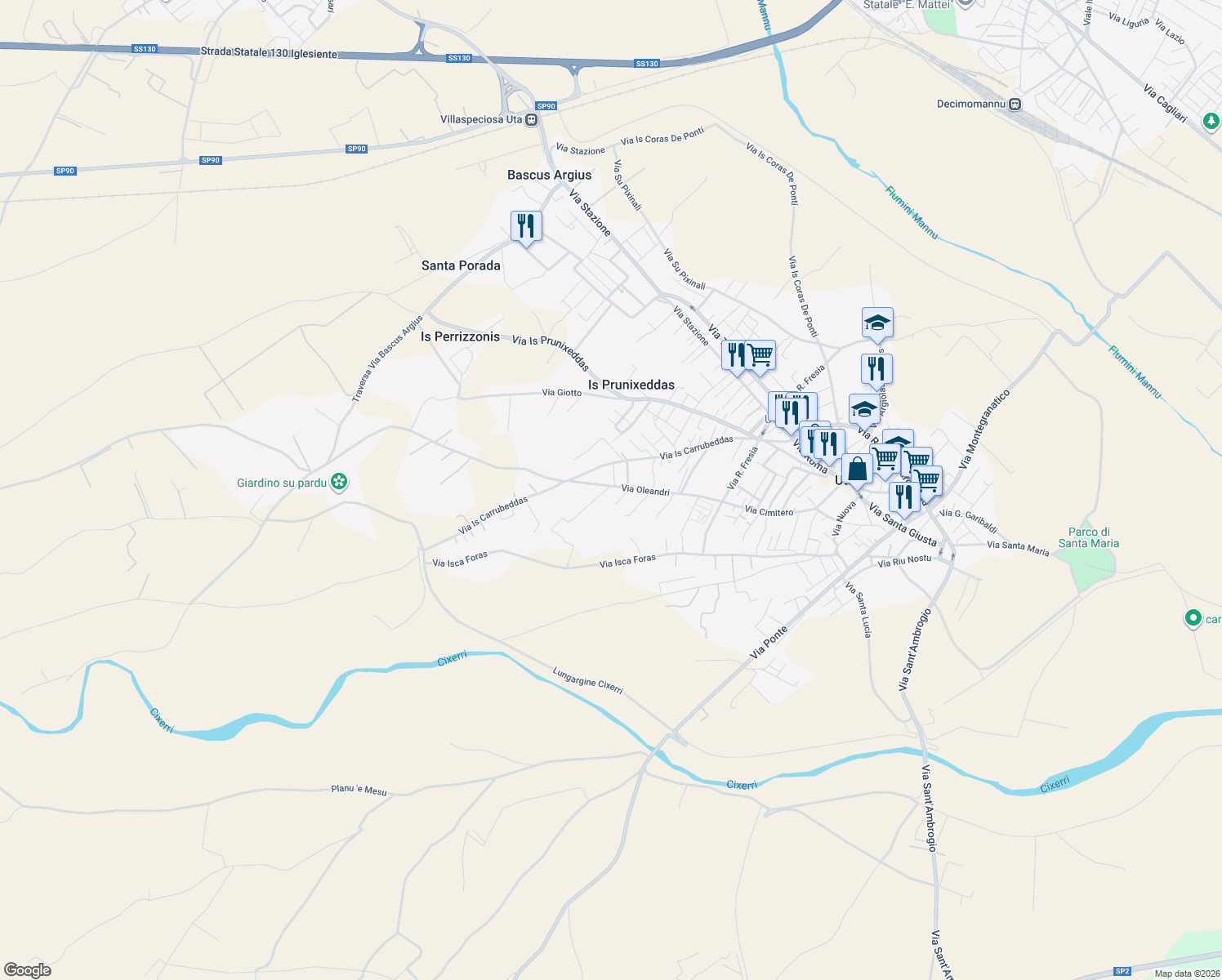 map of restaurants, bars, coffee shops, grocery stores, and more near 27 Via Oleandri in Uta