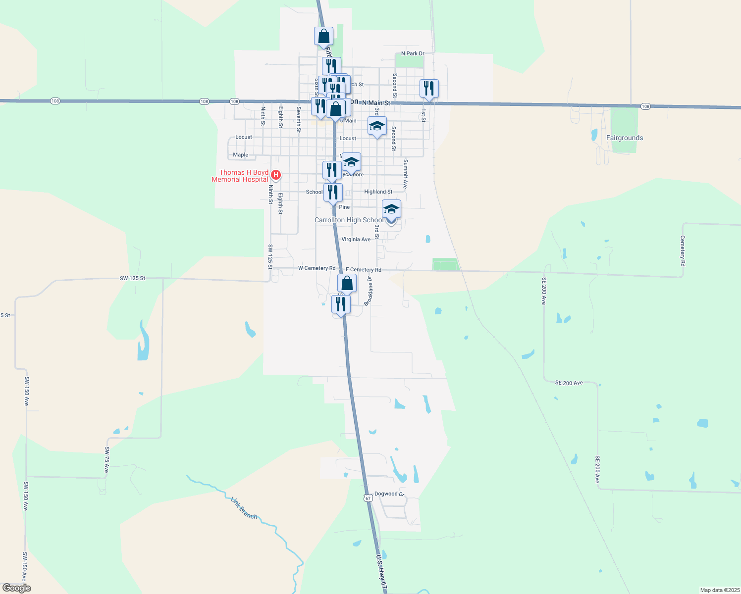 map of restaurants, bars, coffee shops, grocery stores, and more near 1251 Brooklane Drive in Carrollton