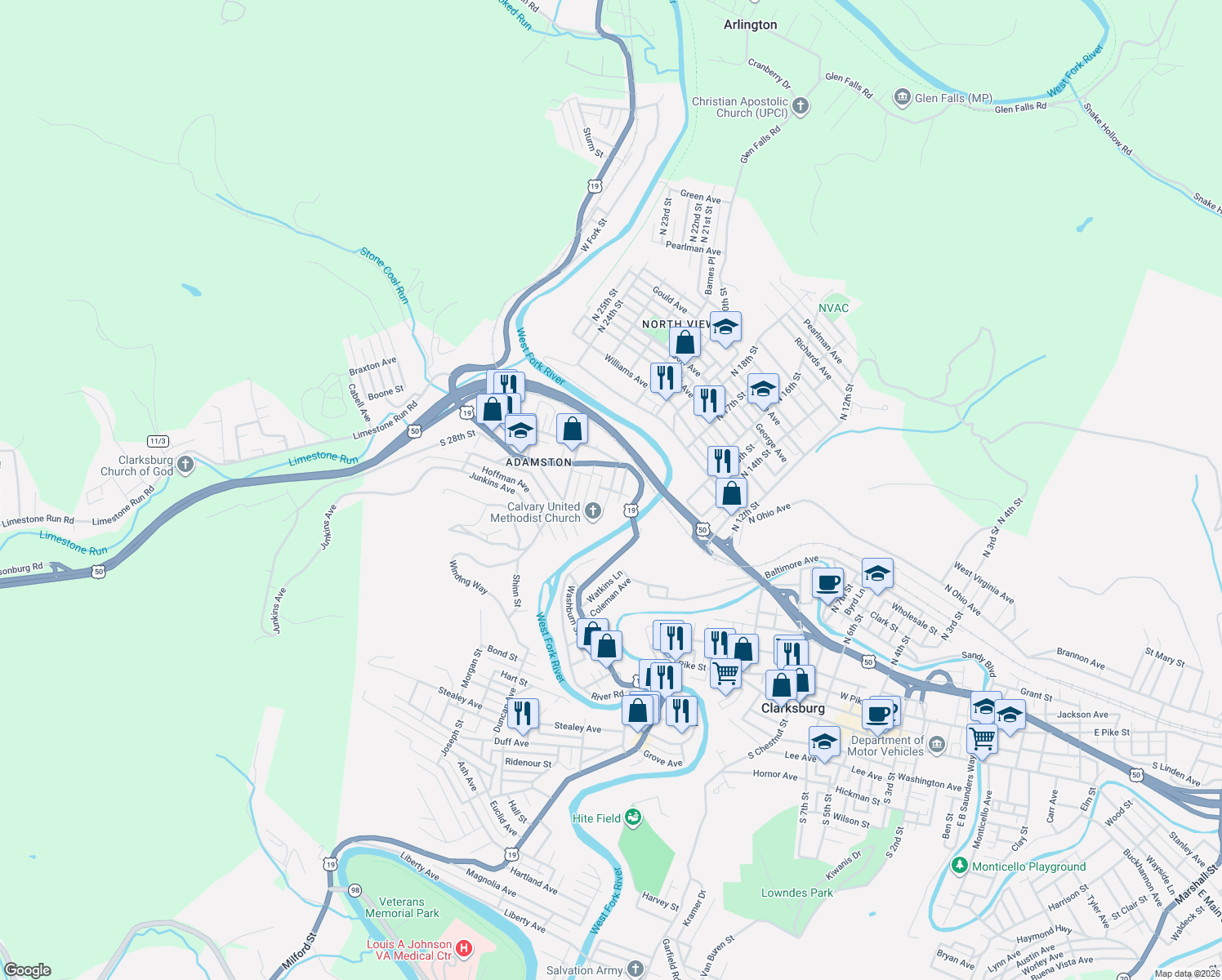 map of restaurants, bars, coffee shops, grocery stores, and more near Hillcrest Court in Clarksburg