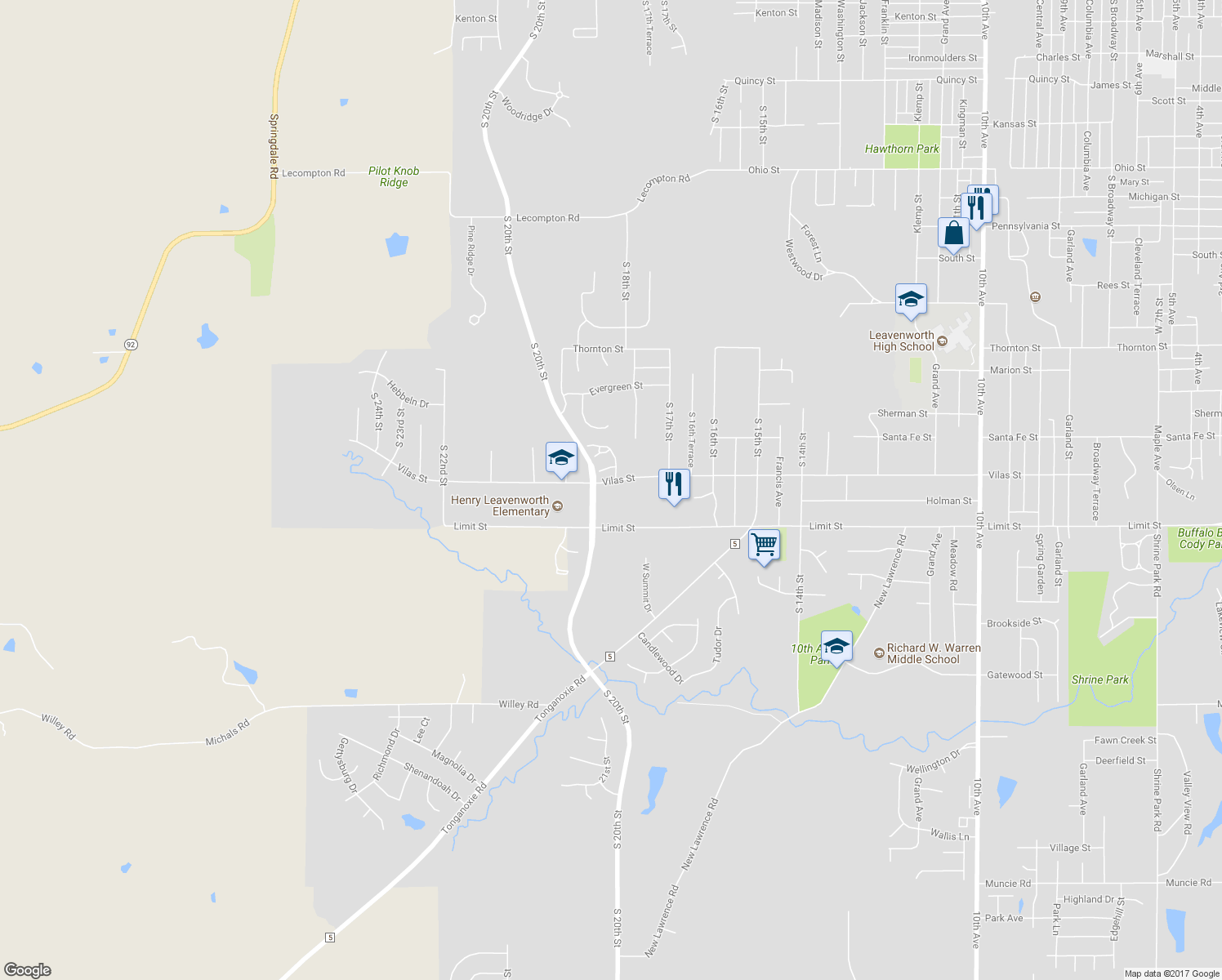 map of restaurants, bars, coffee shops, grocery stores, and more near 1809 Vilas Street in Leavenworth