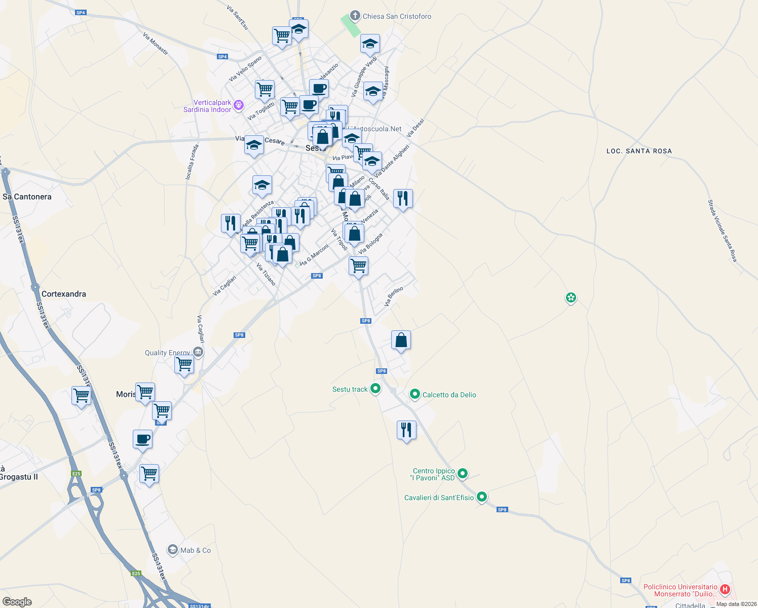 map of restaurants, bars, coffee shops, grocery stores, and more near 35 Vico II Amsterdam in Sestu