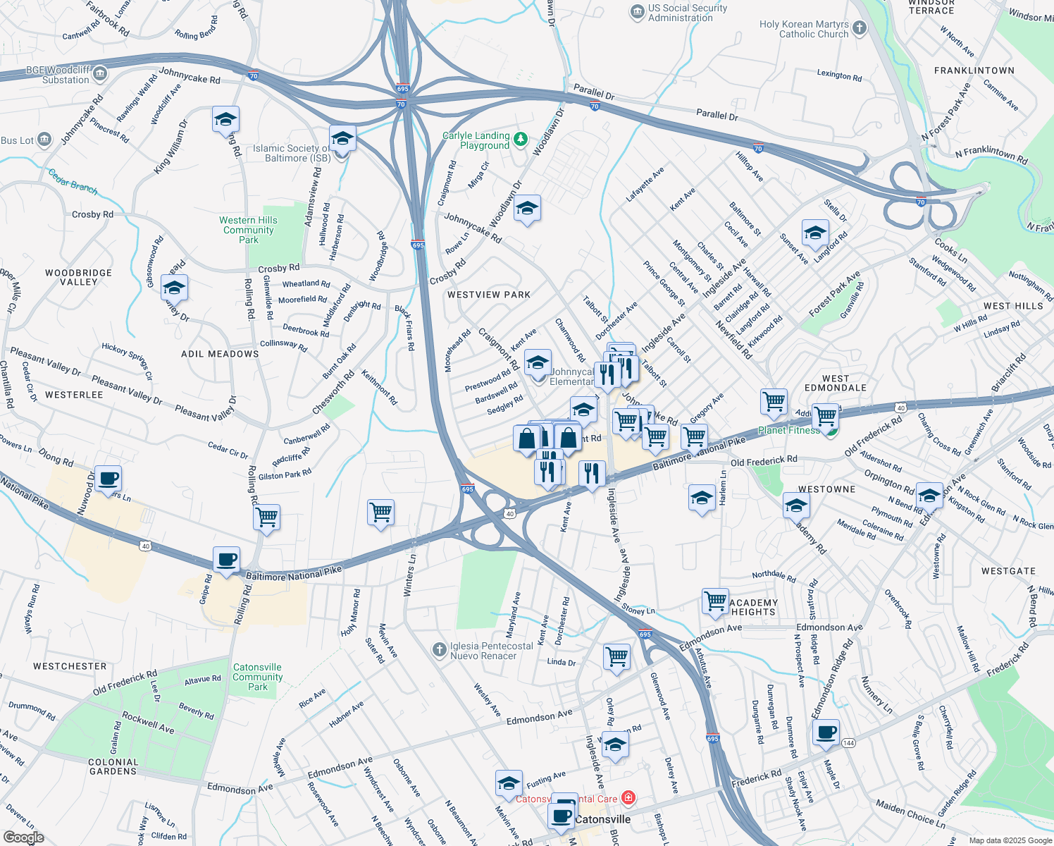 map of restaurants, bars, coffee shops, grocery stores, and more near 918 Southridge Road in Catonsville