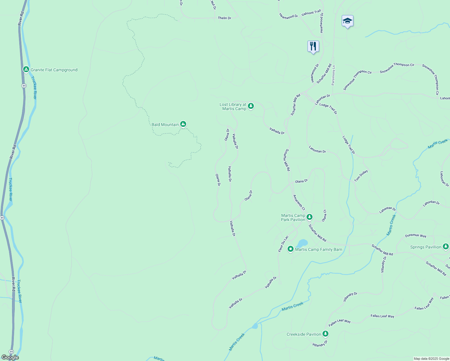 map of restaurants, bars, coffee shops, grocery stores, and more near 10942 Olana Drive in Truckee
