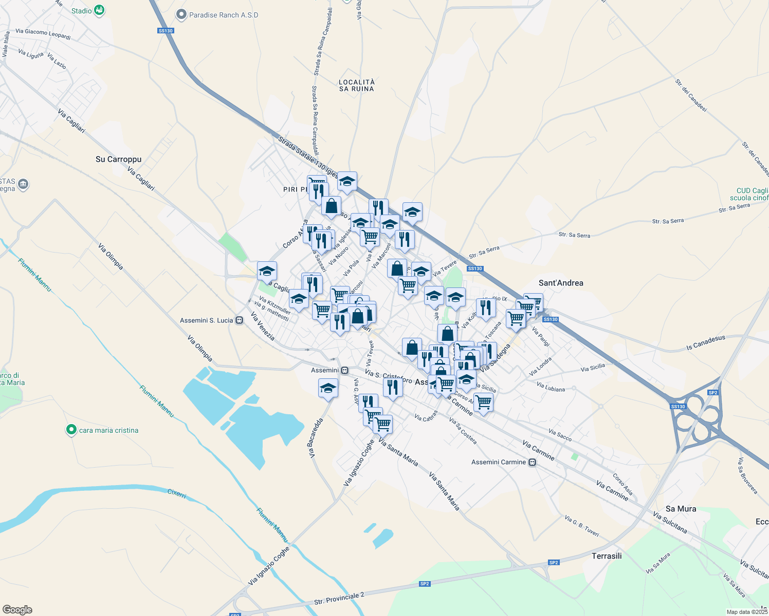 map of restaurants, bars, coffee shops, grocery stores, and more near 27/A Via Mandrolisai in Assemini