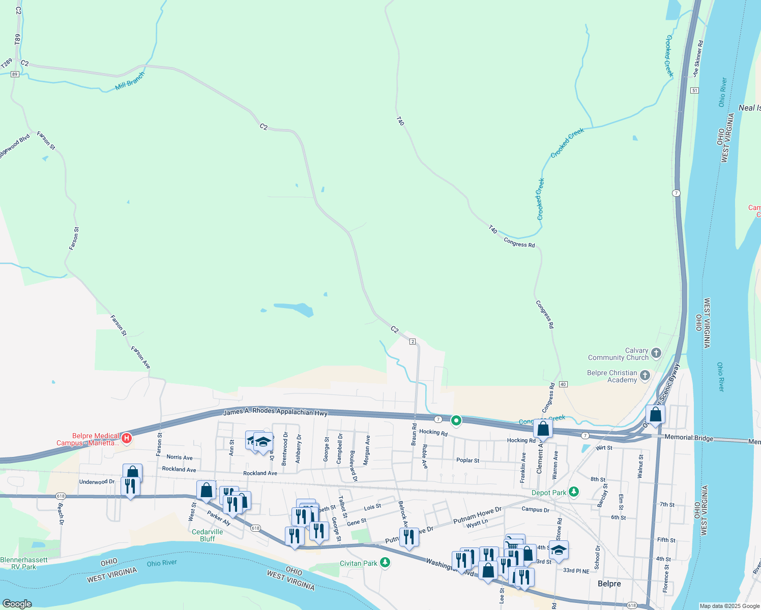 map of restaurants, bars, coffee shops, grocery stores, and more near 1274 Braun Road in Belpre
