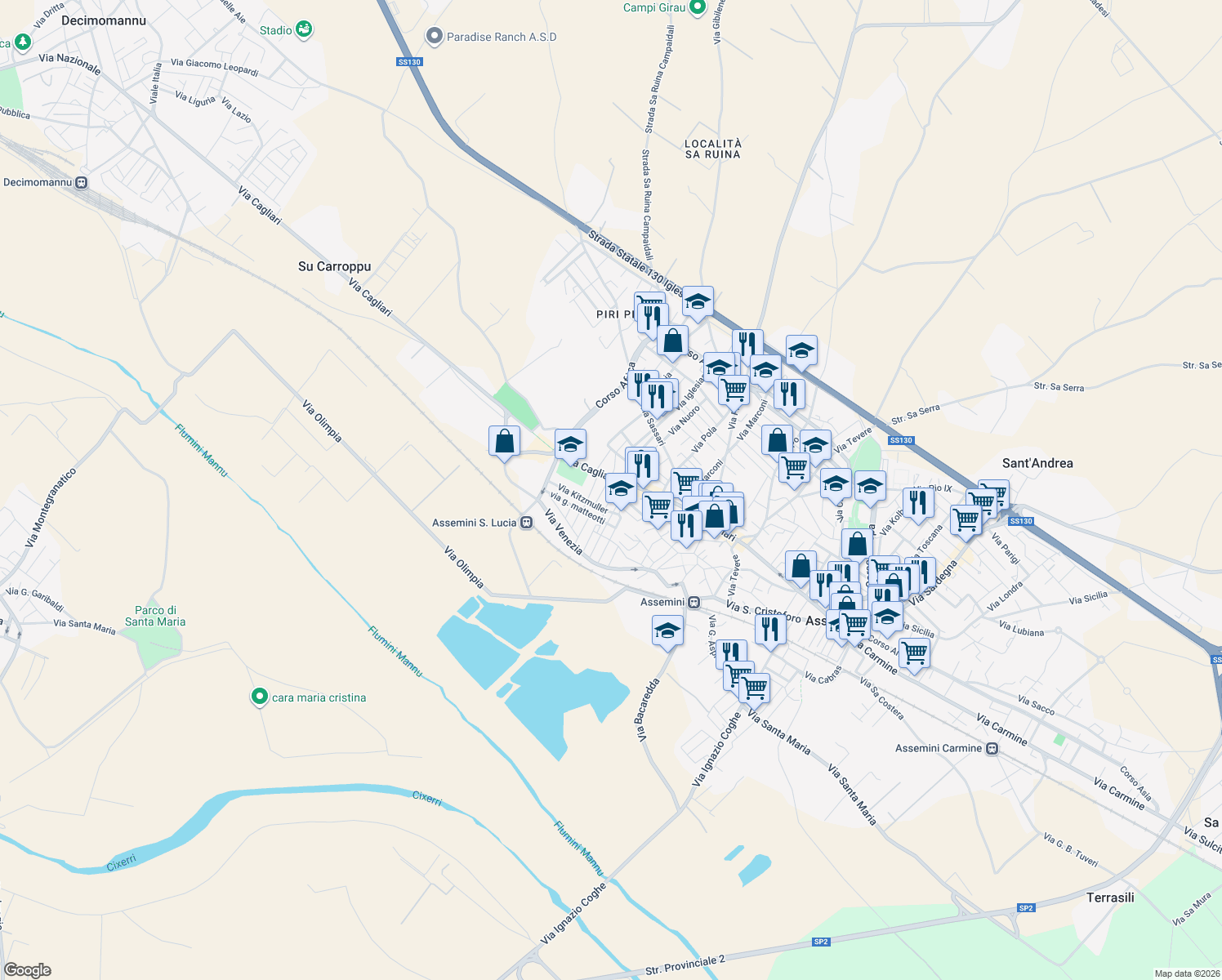 map of restaurants, bars, coffee shops, grocery stores, and more near 119 Via Trieste in Assemini