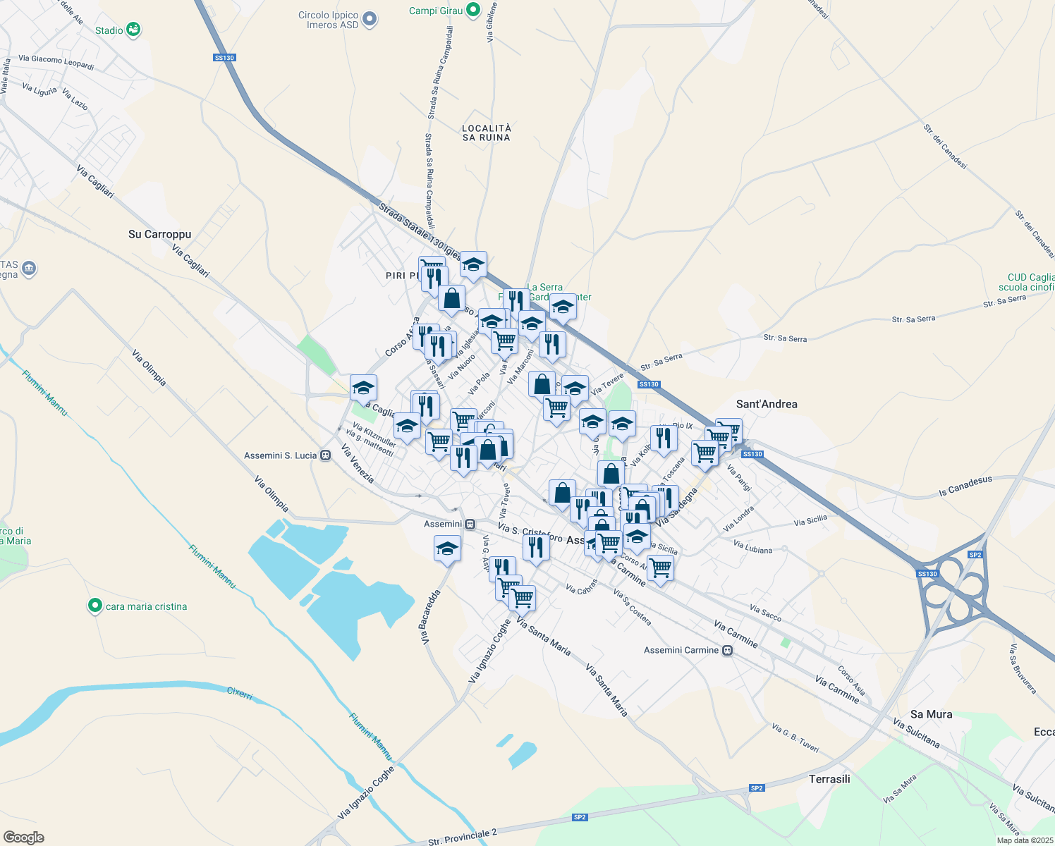 map of restaurants, bars, coffee shops, grocery stores, and more near 27/A Via Mandrolisai in Assemini