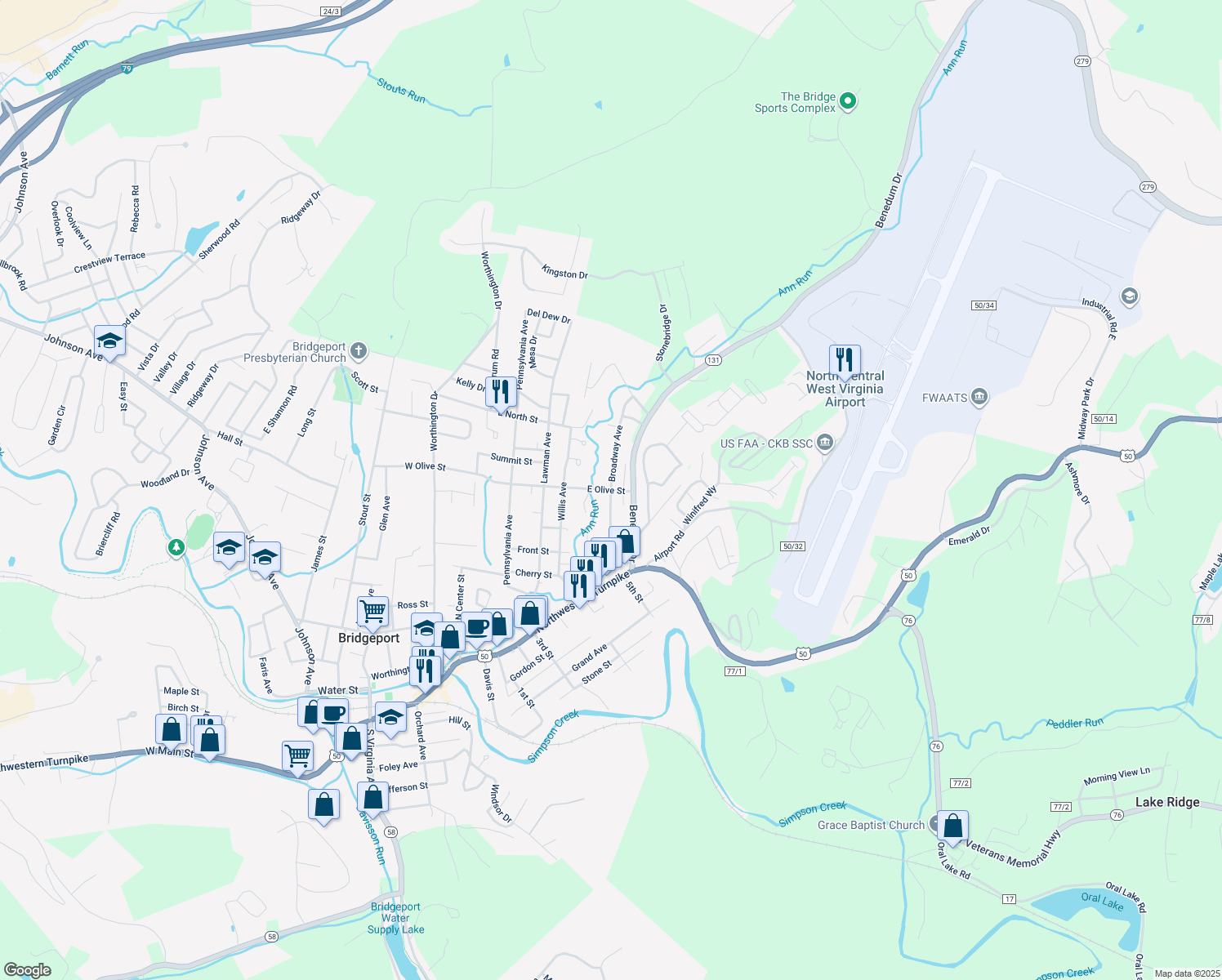map of restaurants, bars, coffee shops, grocery stores, and more near 433 E Olive St in Bridgeport