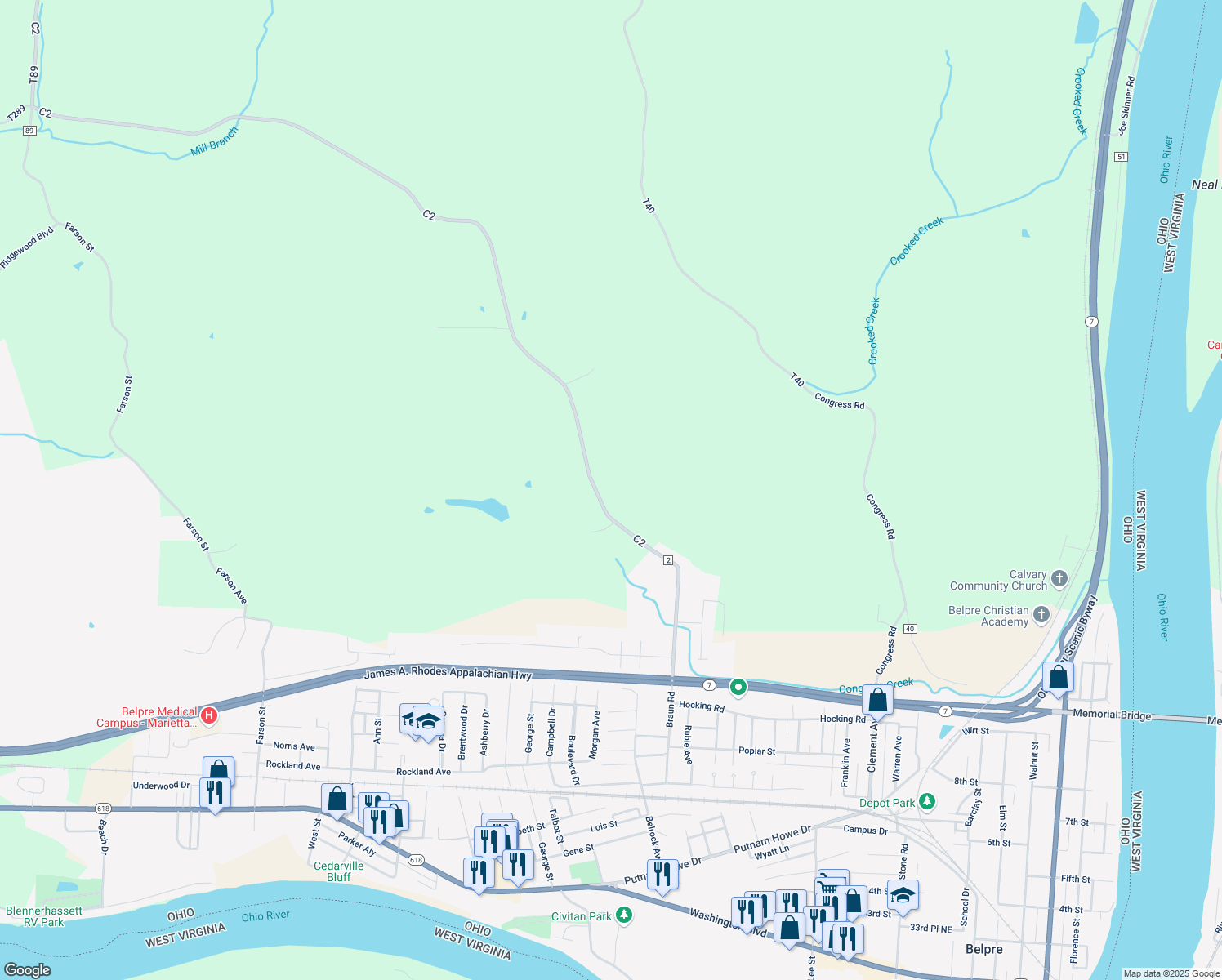 map of restaurants, bars, coffee shops, grocery stores, and more near 1274 Braun Road in Belpre