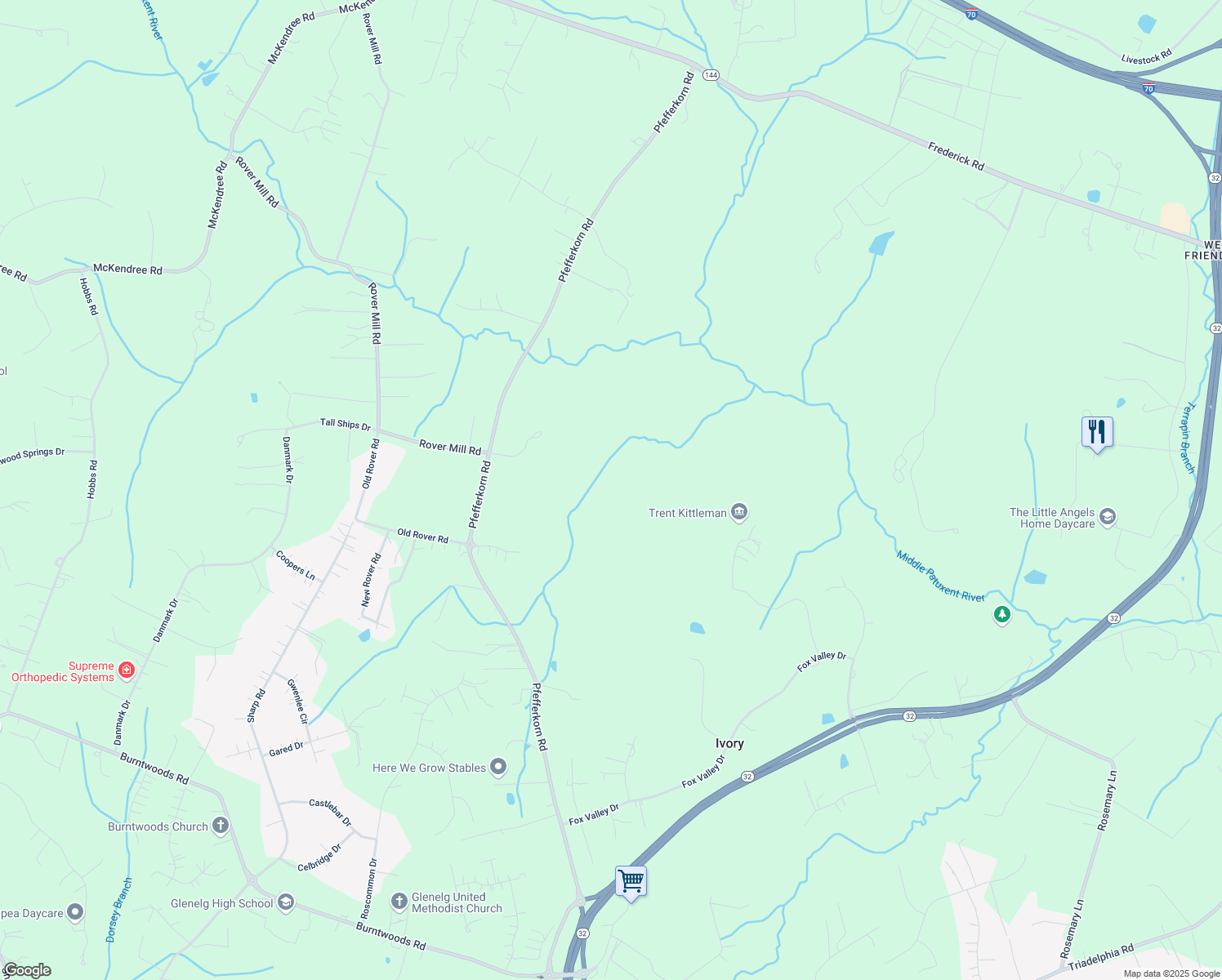 map of restaurants, bars, coffee shops, grocery stores, and more near 2815 Pfefferkorn Road in West Friendship