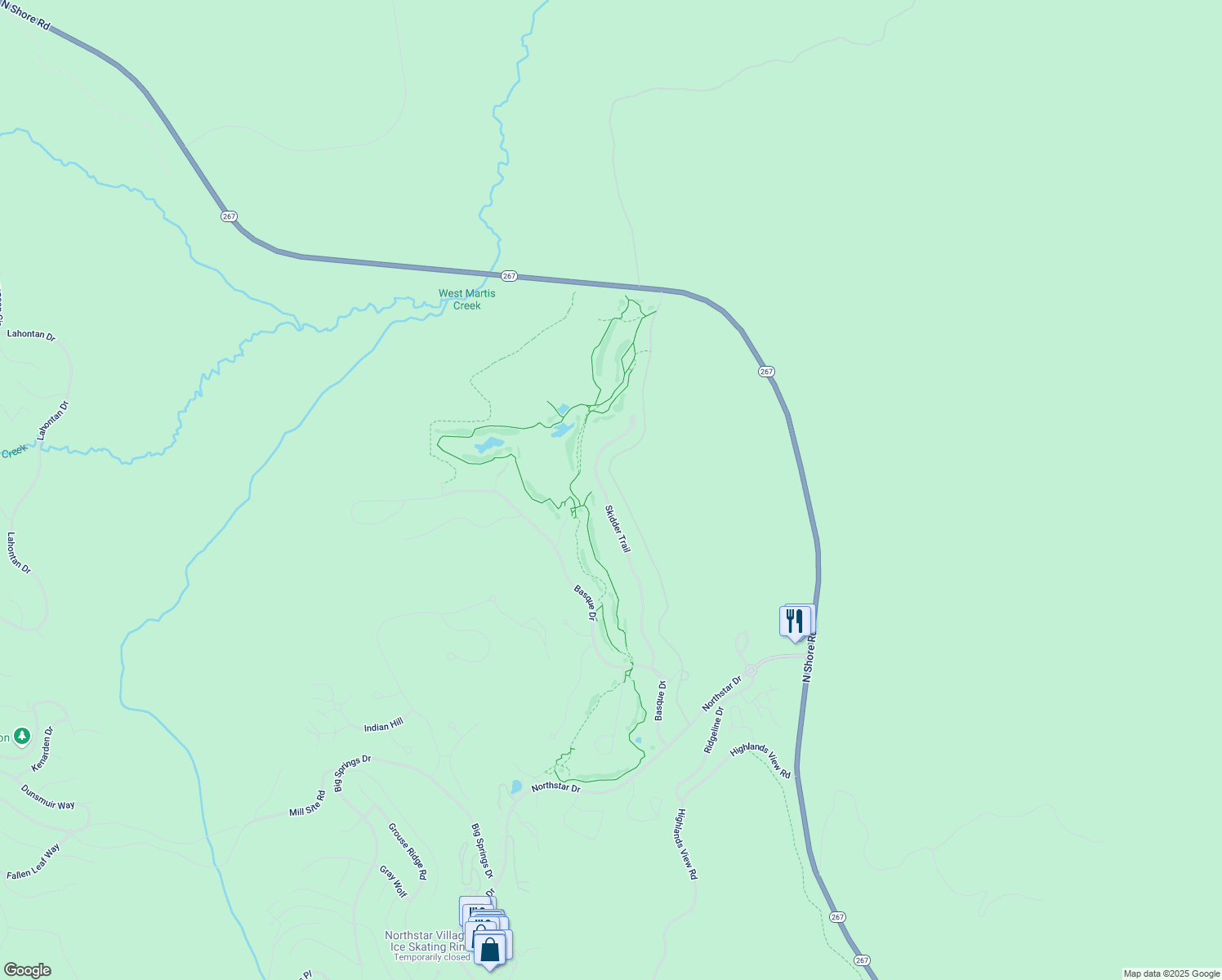map of restaurants, bars, coffee shops, grocery stores, and more near 362 Skidder Trail in Truckee
