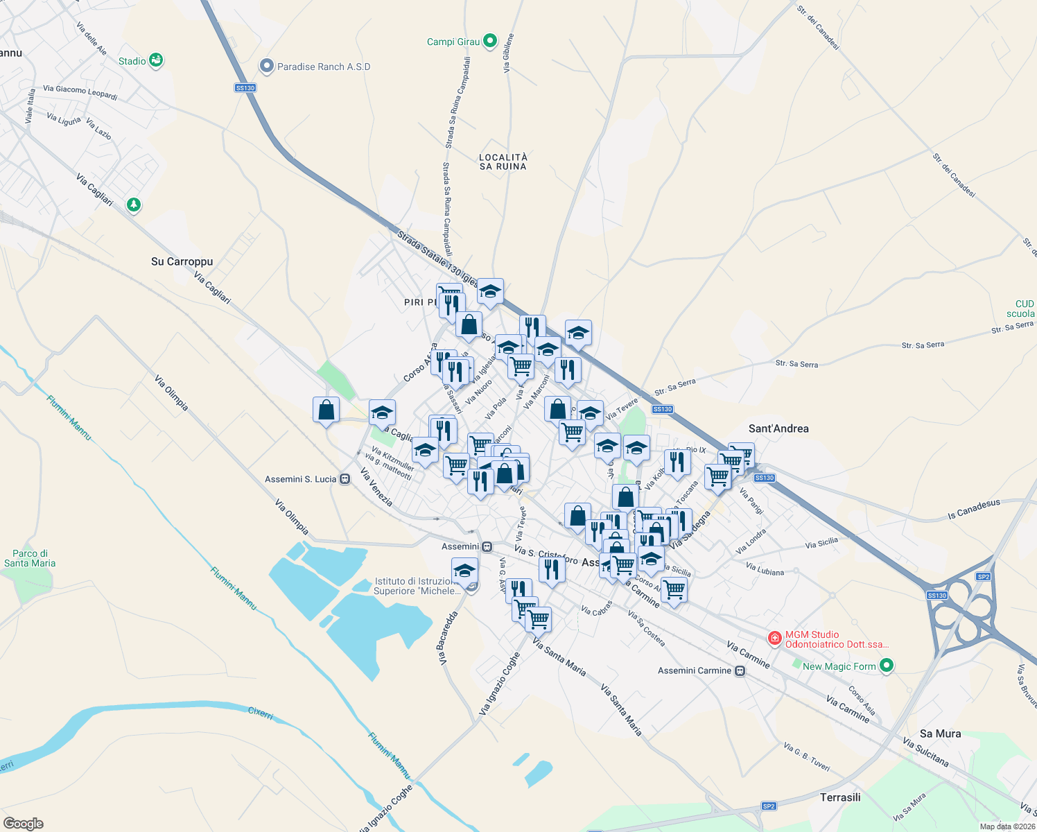 map of restaurants, bars, coffee shops, grocery stores, and more near 51 Via Marconi in Assemini