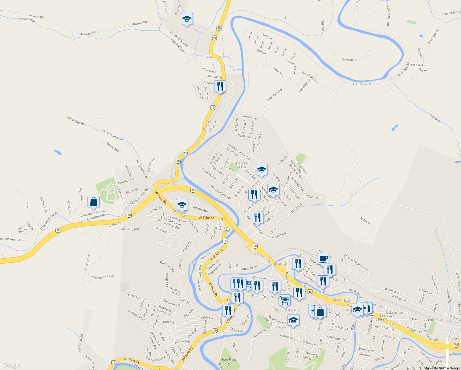 map of restaurants, bars, coffee shops, grocery stores, and more near 1114 N 21st St in Clarksburg