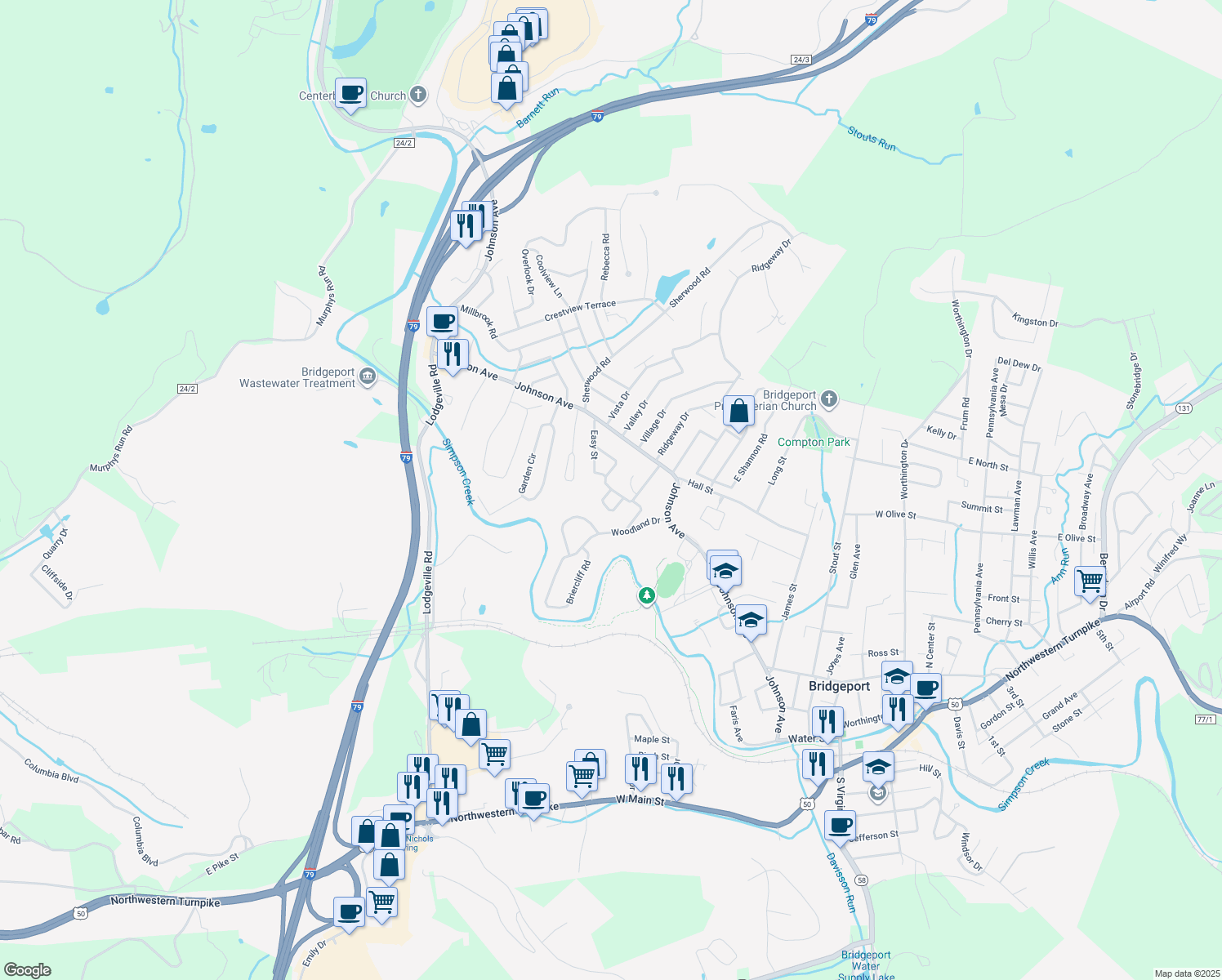 map of restaurants, bars, coffee shops, grocery stores, and more near 930 Sunset Dr in Bridgeport