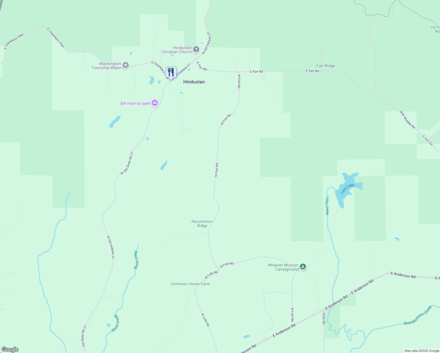 map of restaurants, bars, coffee shops, grocery stores, and more near 8565 North Fish Road in Bloomington