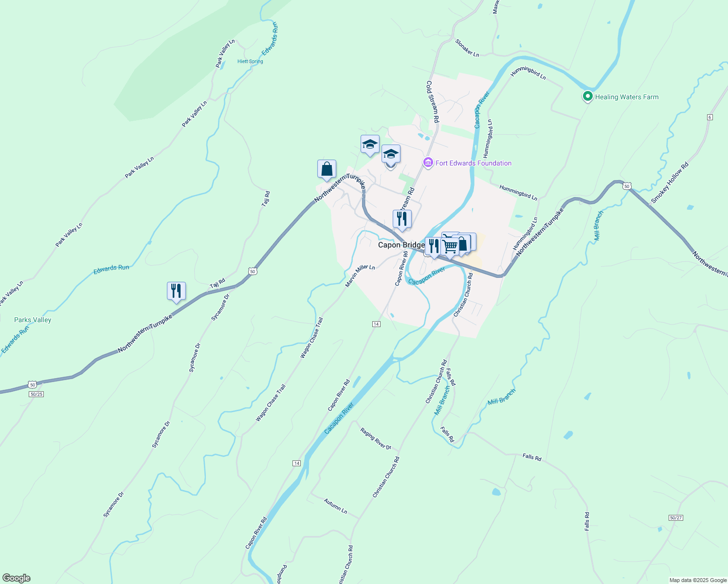 map of restaurants, bars, coffee shops, grocery stores, and more near 171 Marvin Miller Lane in Capon Bridge