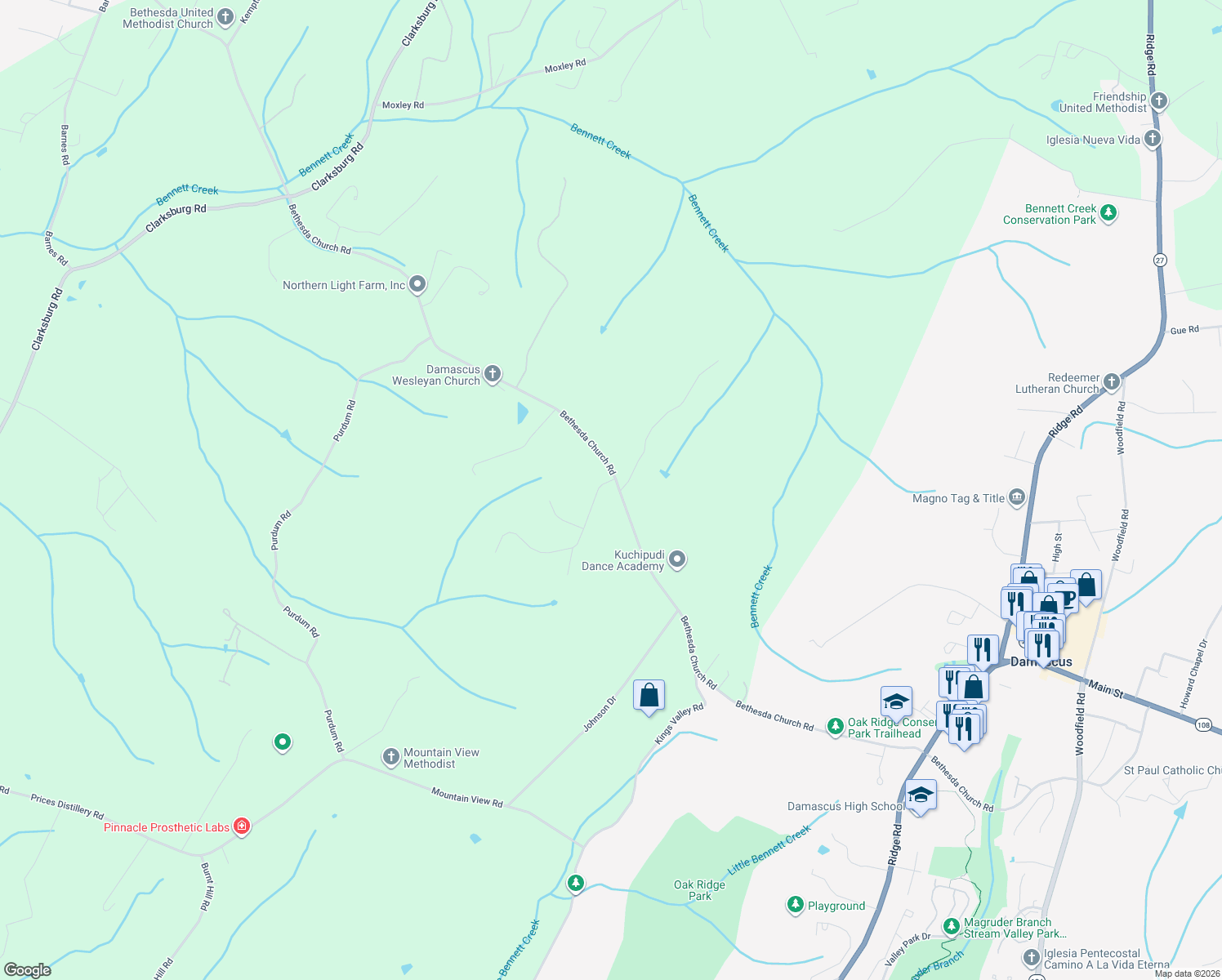 map of restaurants, bars, coffee shops, grocery stores, and more near 10890 Bethesda Church Road in Damascus
