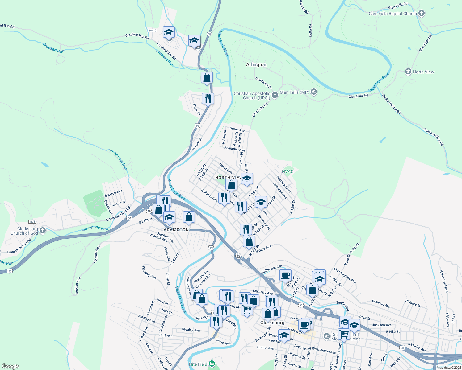 map of restaurants, bars, coffee shops, grocery stores, and more near 1309 N 21st St in Clarksburg
