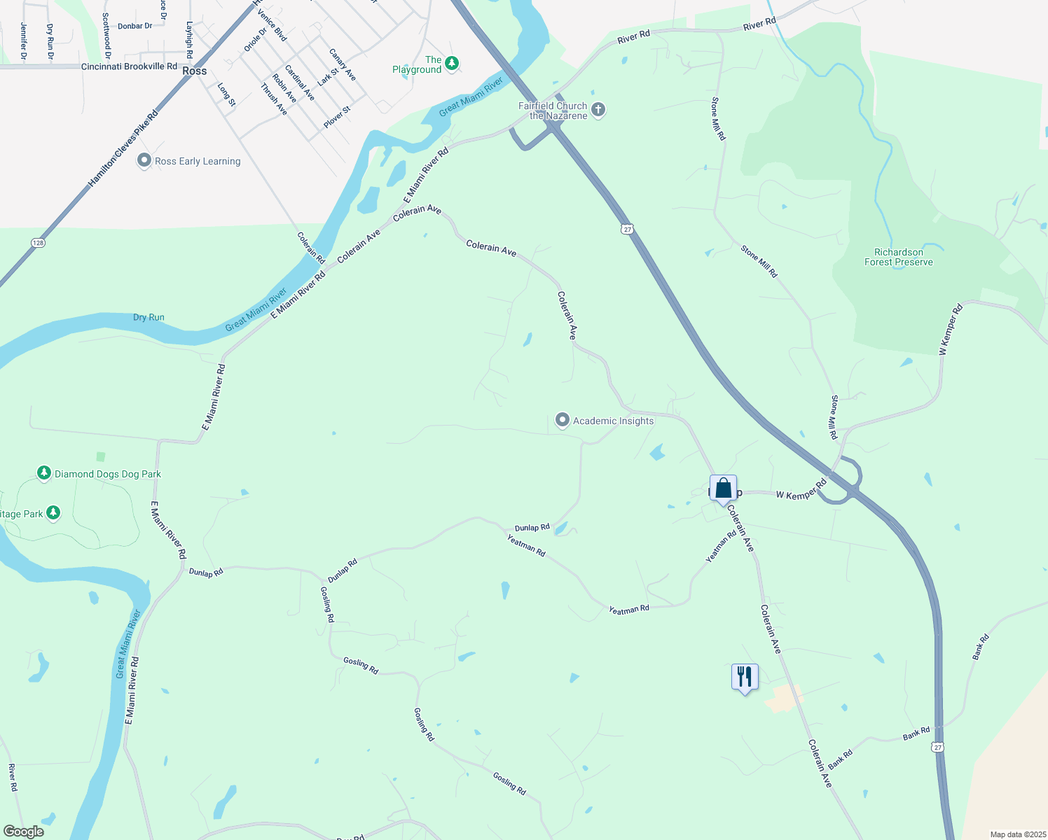 map of restaurants, bars, coffee shops, grocery stores, and more near 5770 Squirrelsnest Lane in Cincinnati