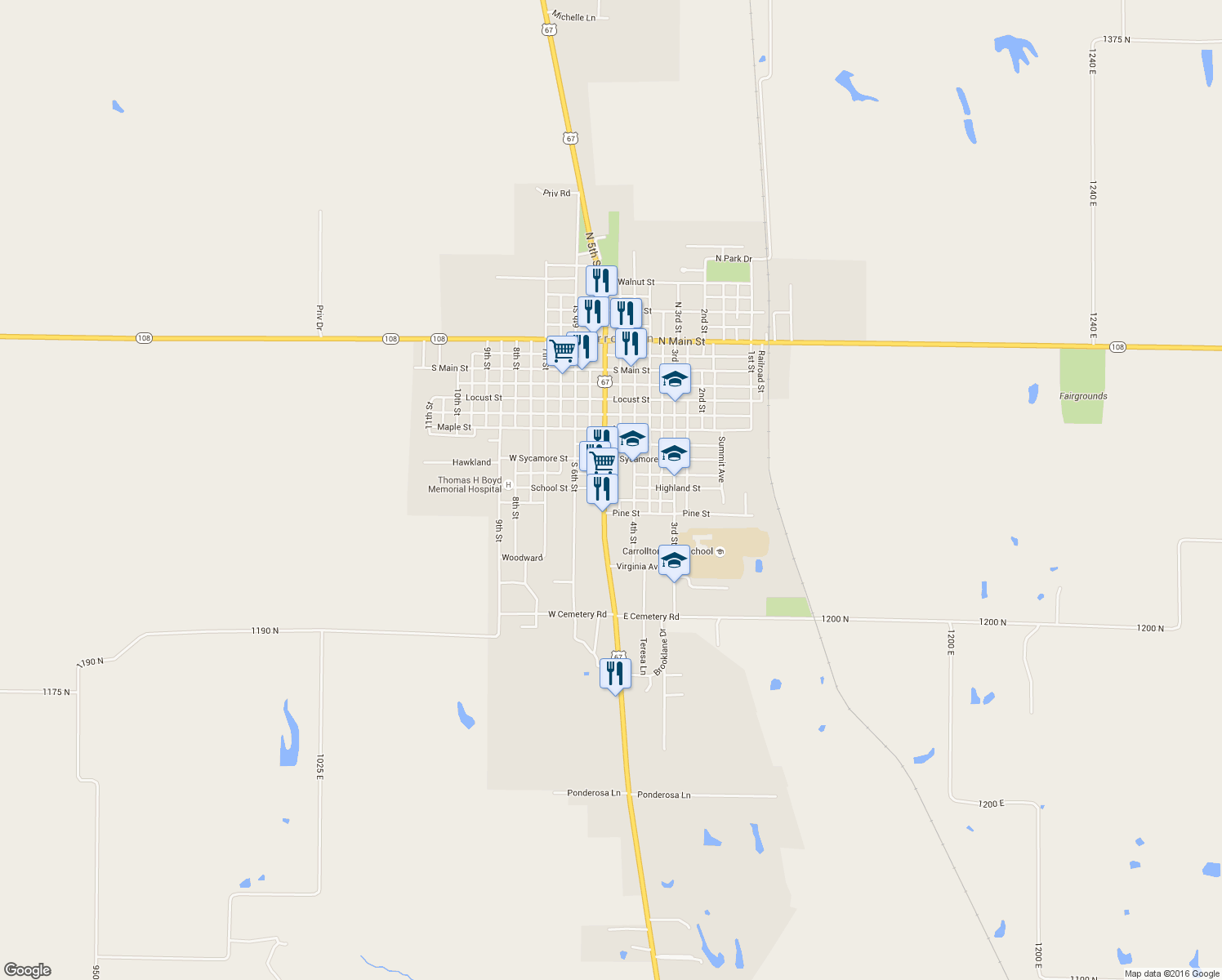 map of restaurants, bars, coffee shops, grocery stores, and more near 801-899 5th St in Carrollton