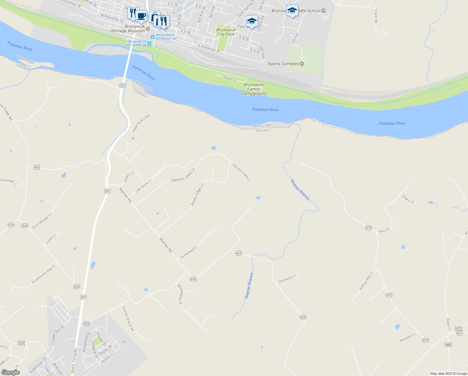 map of restaurants, bars, coffee shops, grocery stores, and more near 39947 Rivers Edge Lane in Lovettsville
