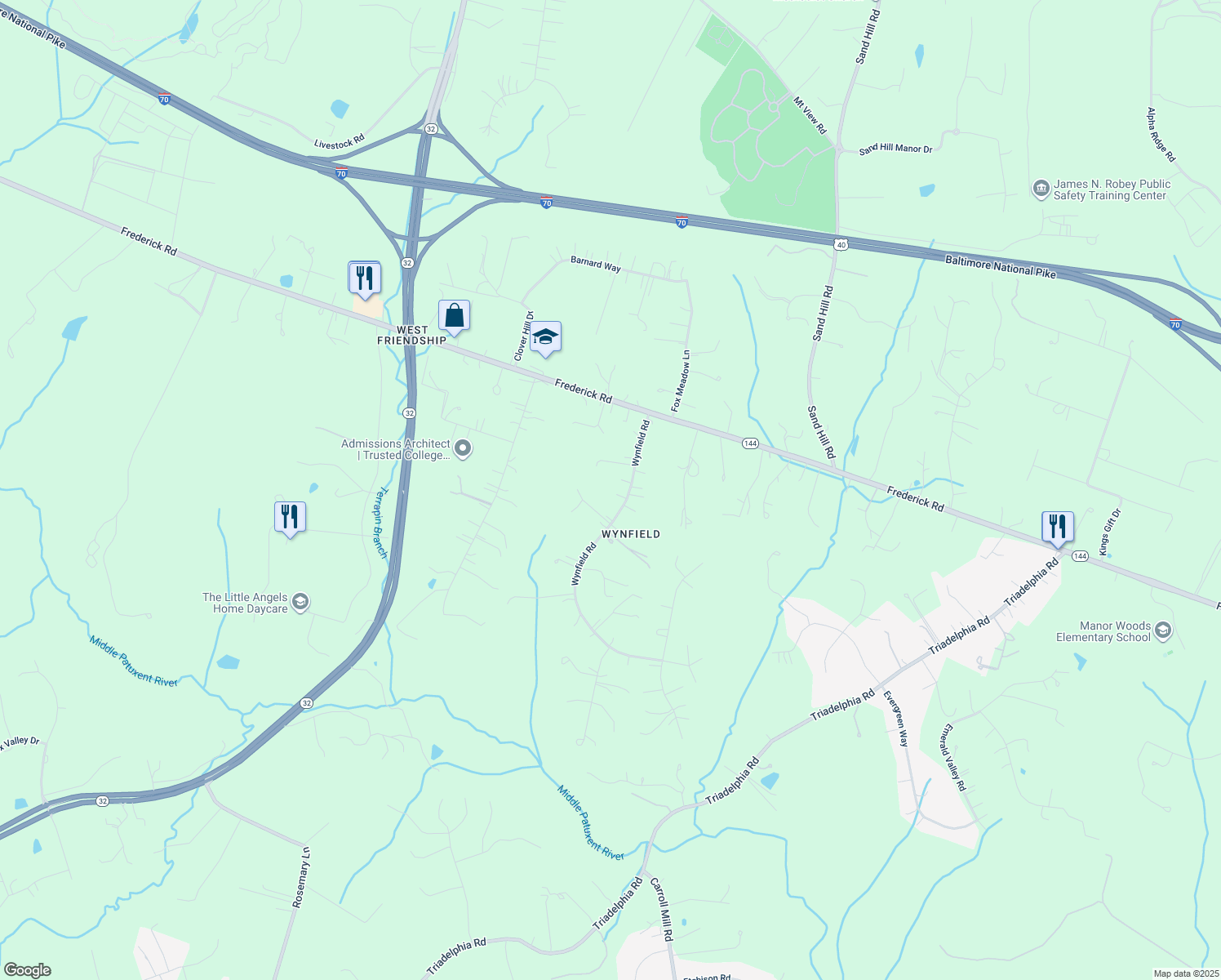 map of restaurants, bars, coffee shops, grocery stores, and more near 2642 Wynfield Road in West Friendship