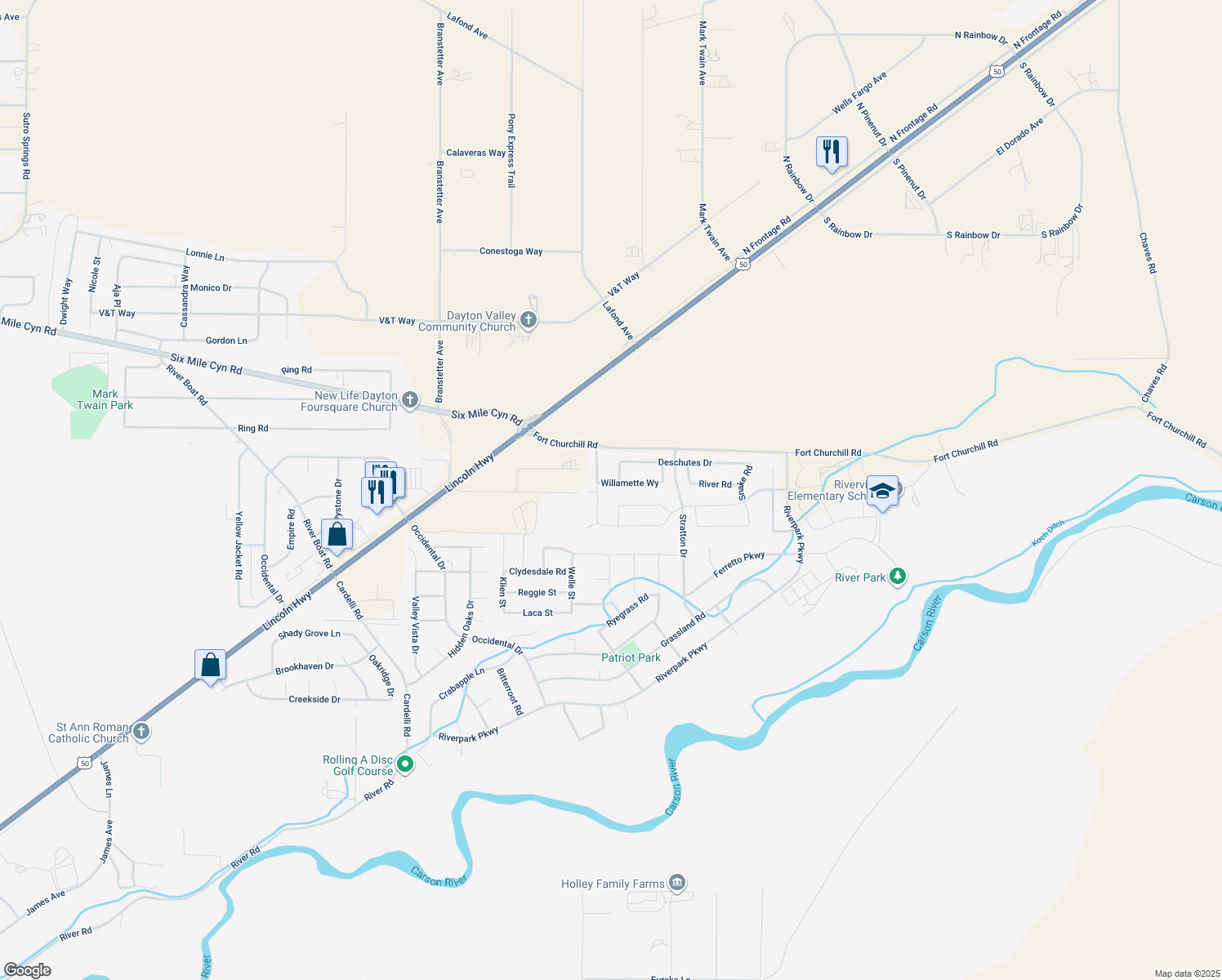 map of restaurants, bars, coffee shops, grocery stores, and more near 97 Williamette Way in Dayton