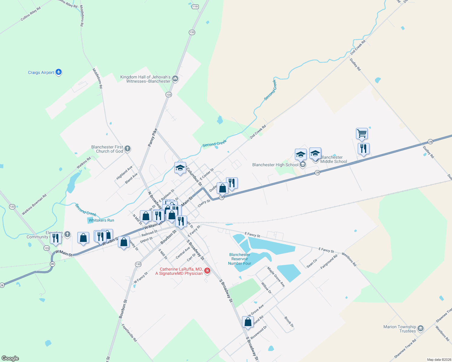 map of restaurants, bars, coffee shops, grocery stores, and more near 704 Dudley St in Blanchester
