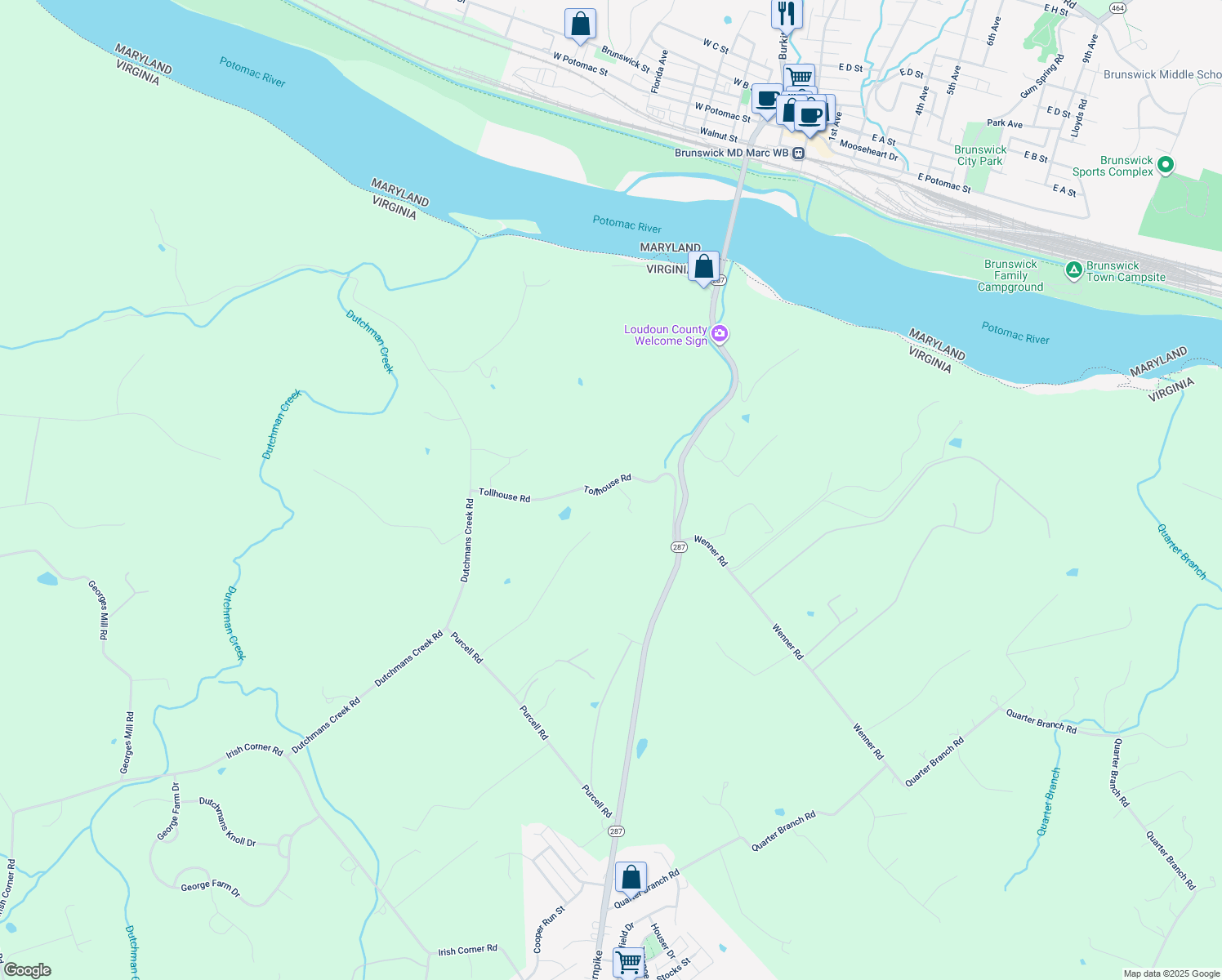 map of restaurants, bars, coffee shops, grocery stores, and more near 39355 Tollhouse Road in Lovettsville