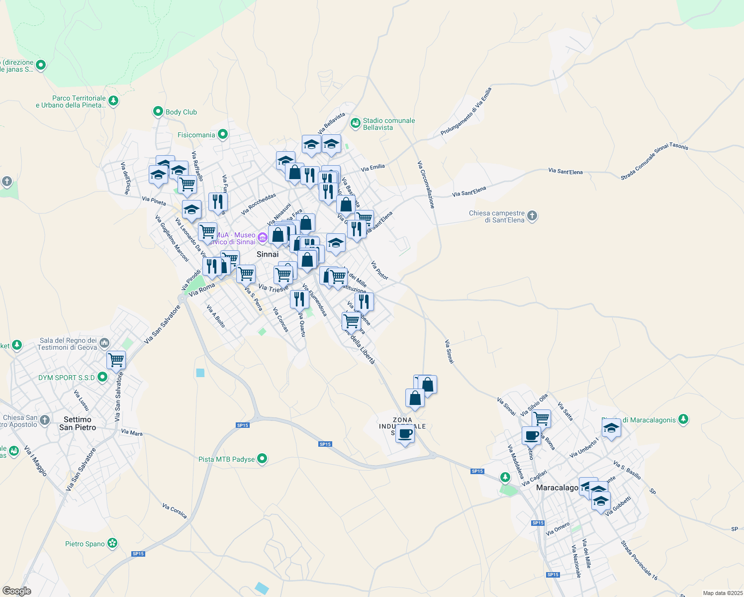 map of restaurants, bars, coffee shops, grocery stores, and more near 1 Via SS. Cosma e Damiano in Sinnai