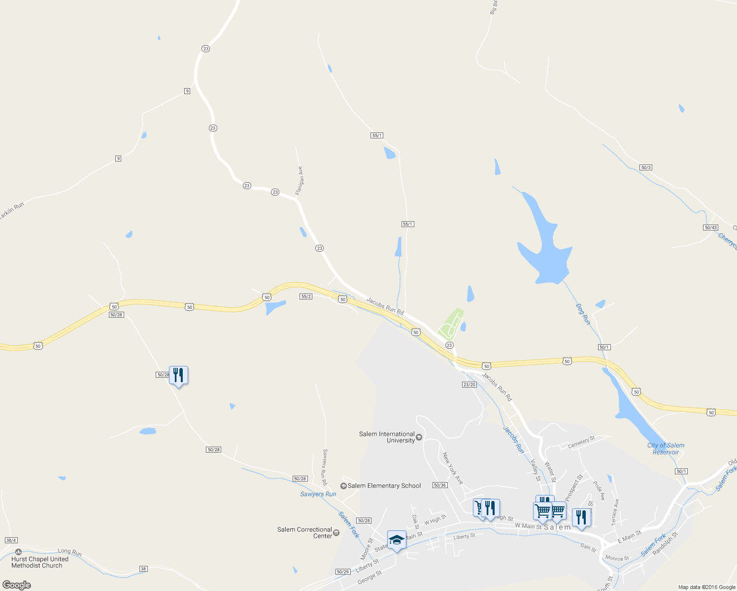 map of restaurants, bars, coffee shops, grocery stores, and more near 530 Jacobs Run Road in Salem