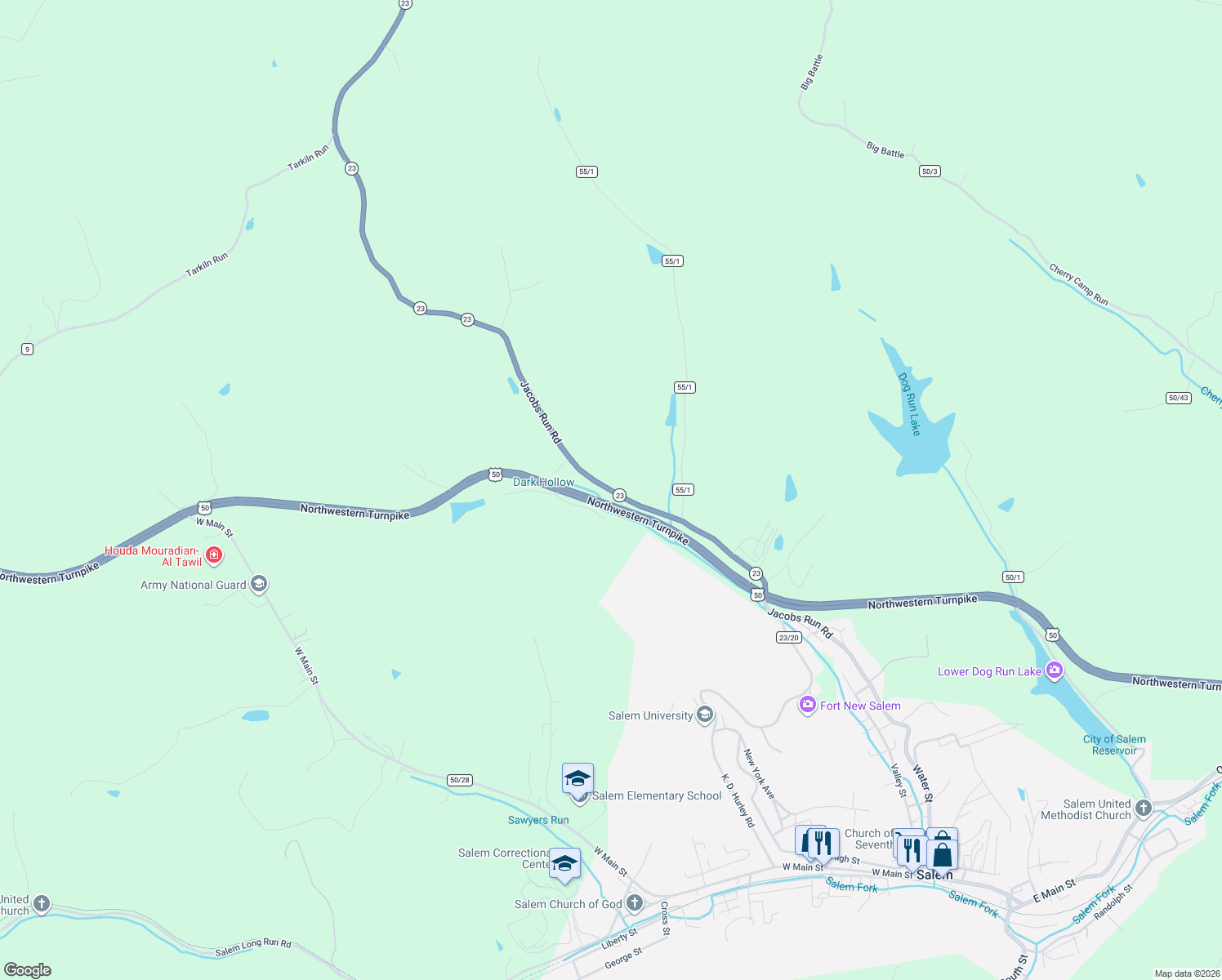 map of restaurants, bars, coffee shops, grocery stores, and more near 530 Jacobs Run Road in Salem