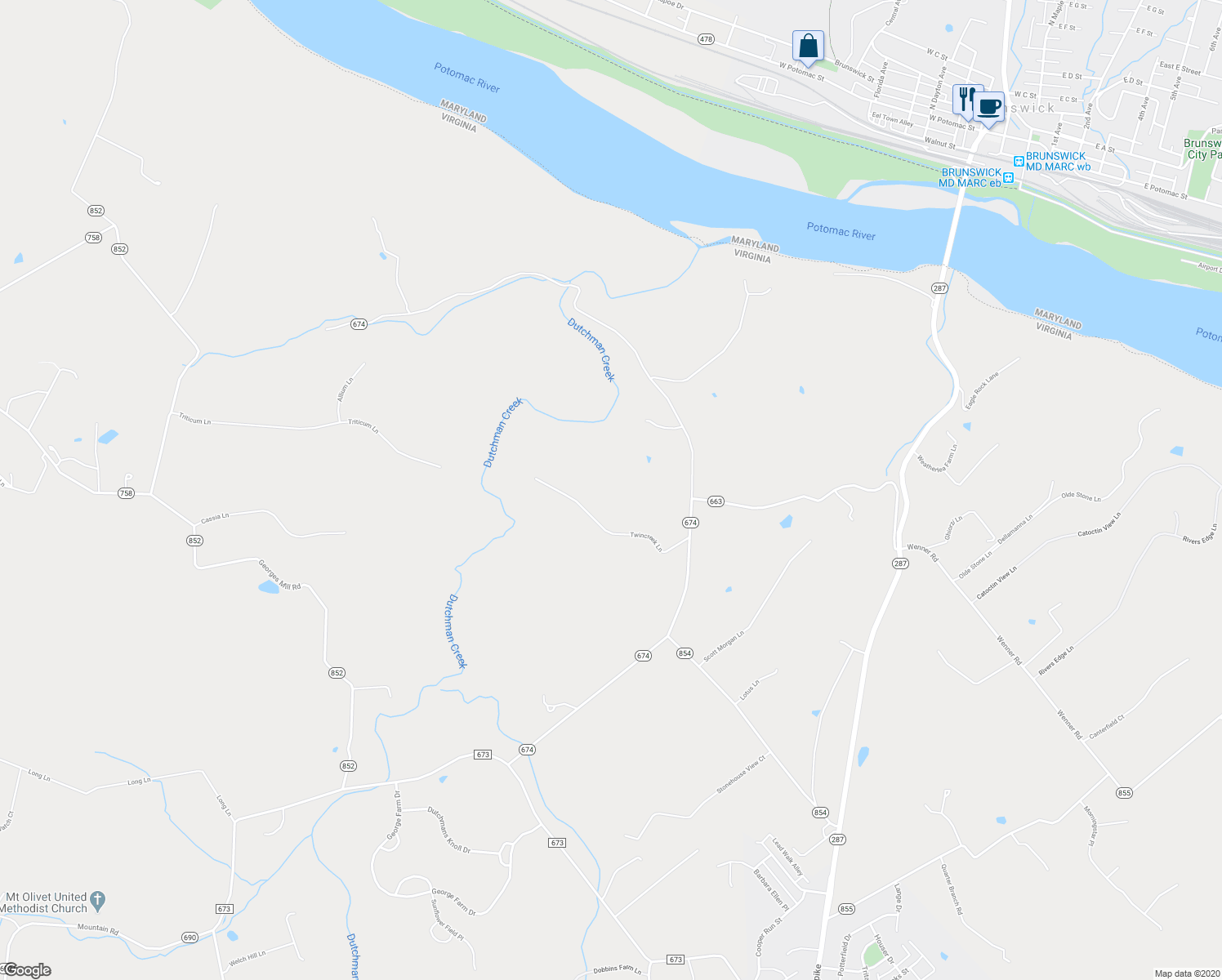 map of restaurants, bars, coffee shops, grocery stores, and more near 39088 Twincreek Lane in Lovettsville