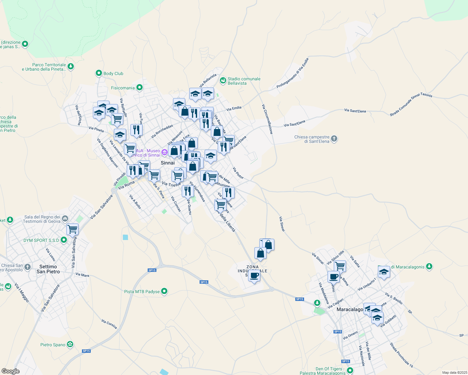 map of restaurants, bars, coffee shops, grocery stores, and more near 1 Via SS. Cosma e Damiano in Sinnai