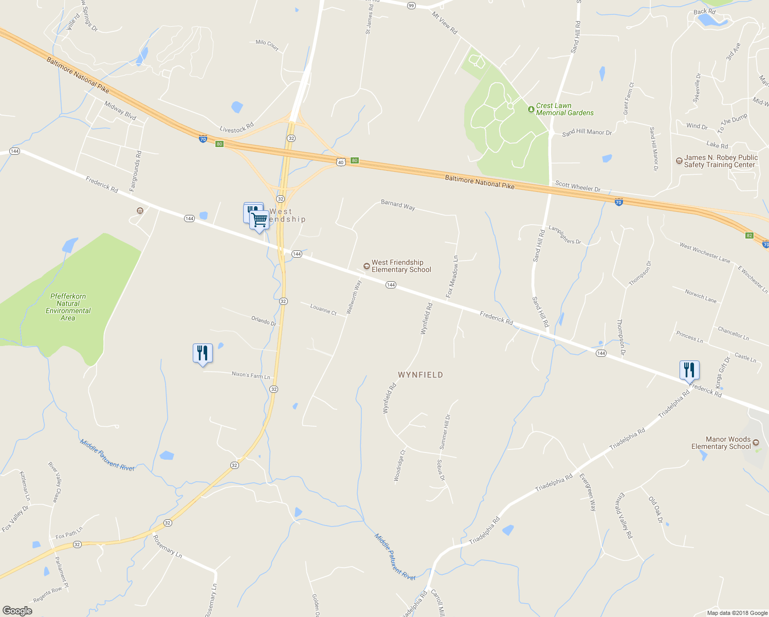 map of restaurants, bars, coffee shops, grocery stores, and more near 12381 Maryland 144 in West Friendship