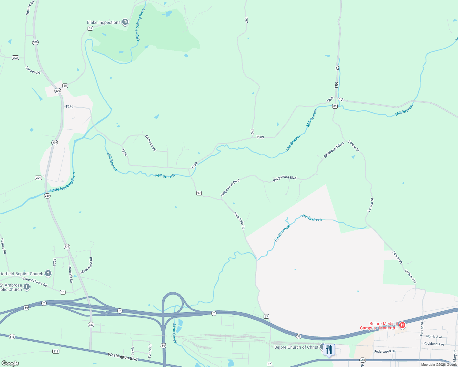 map of restaurants, bars, coffee shops, grocery stores, and more near 169 Ridgewood Boulevard in Belpre