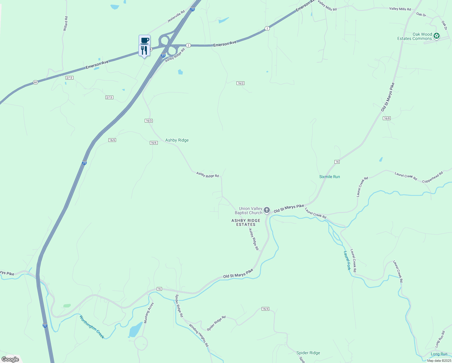 map of restaurants, bars, coffee shops, grocery stores, and more near 1507 Ashby Ridge Road in Parkersburg