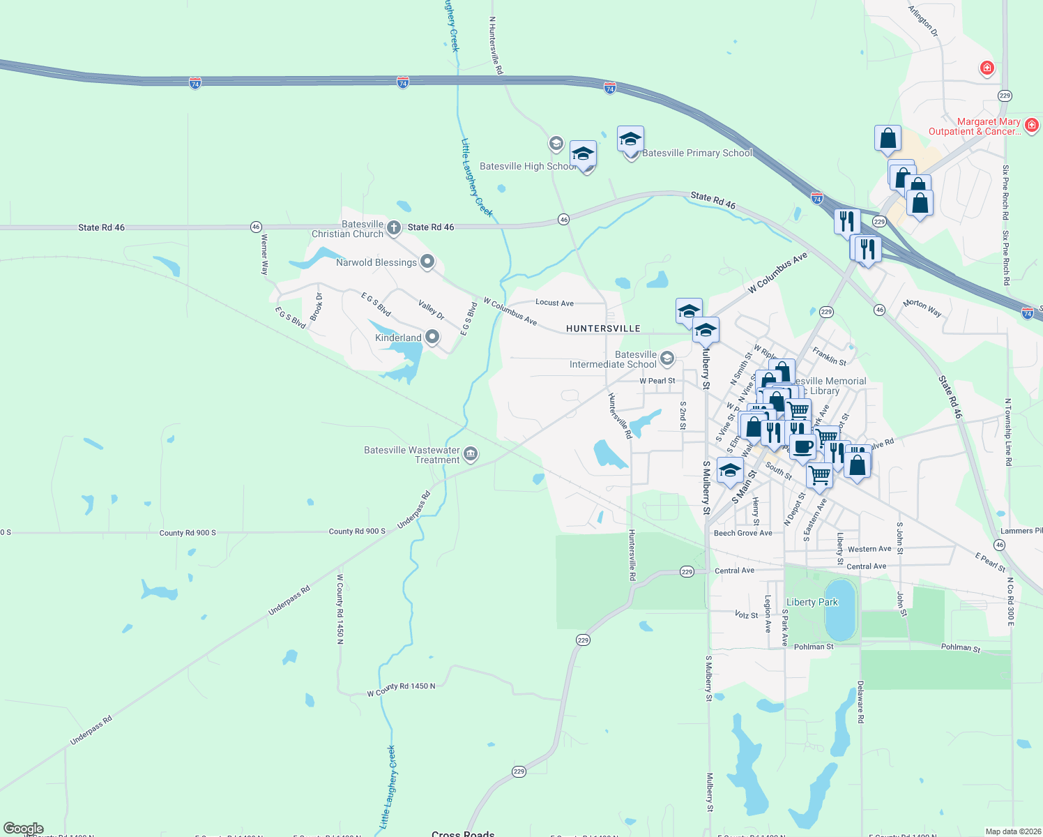 map of restaurants, bars, coffee shops, grocery stores, and more near 45 Westbrook Drive in Batesville