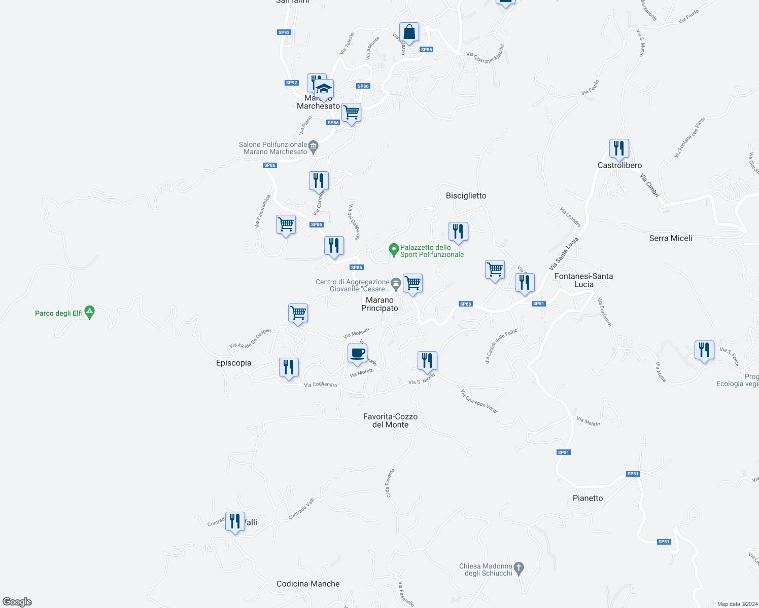 map of restaurants, bars, coffee shops, grocery stores, and more near in Marano Principato