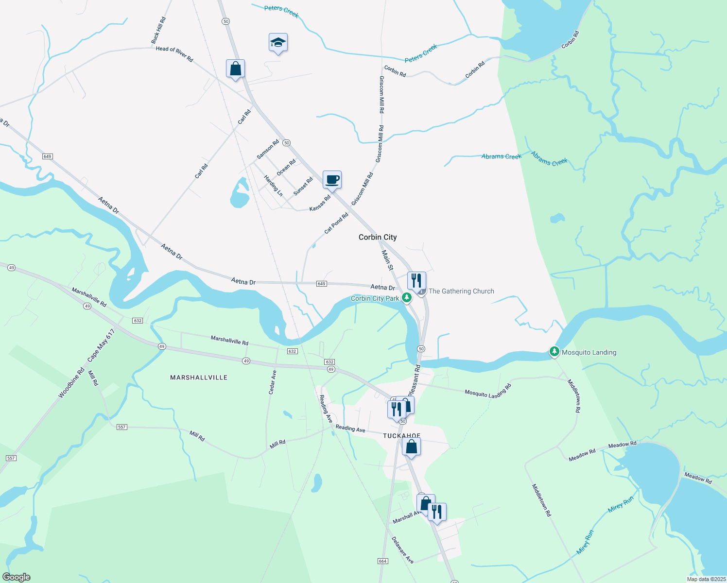 map of restaurants, bars, coffee shops, grocery stores, and more near 113 Aetna Drive in Corbin City