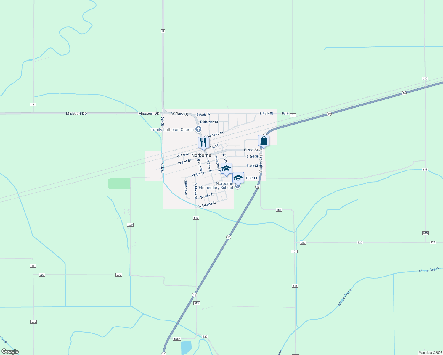map of restaurants, bars, coffee shops, grocery stores, and more near 476 S Walnut St in Norborne